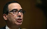Steven Mnuchin testifying during his Senate Finance committee confirmation hearing on Capitol Hill, in Washington, D.C., Jan. 19, 2017. (Mark Wilson/Getty Images via JTA)