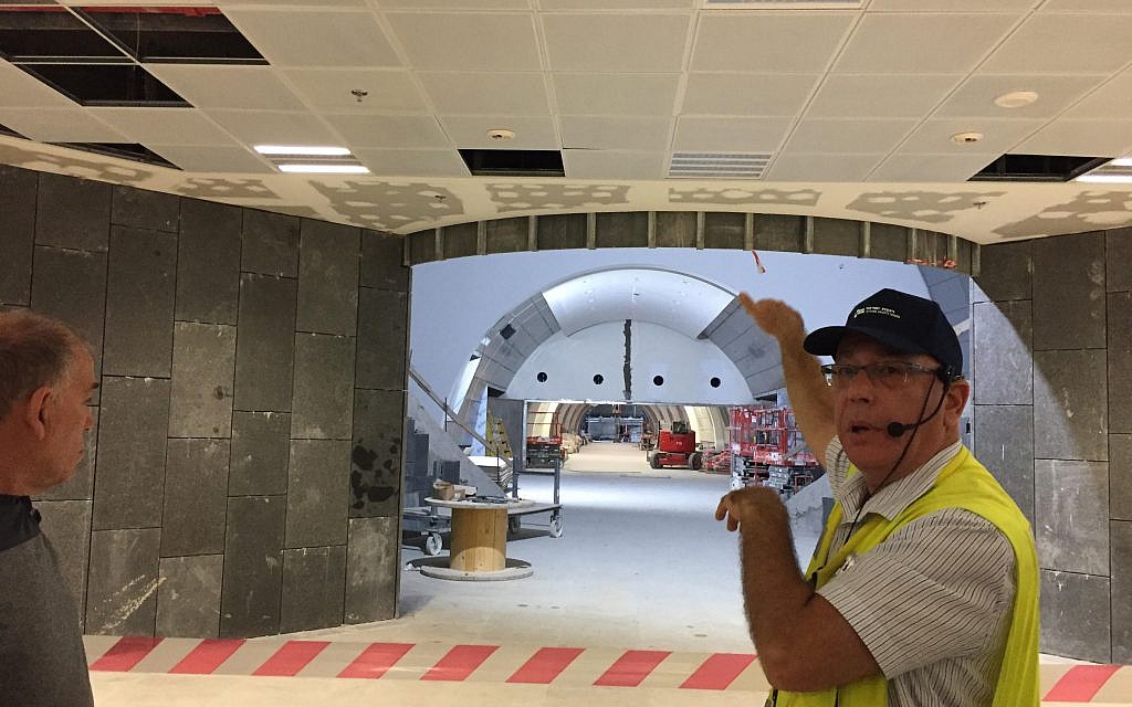 Engineer Gadi Ramon points to an area inside Yitzhak Navon Railway Station, Jerusalem, that can be hermetically sealed off, October 27, 2017 (ToI staff)