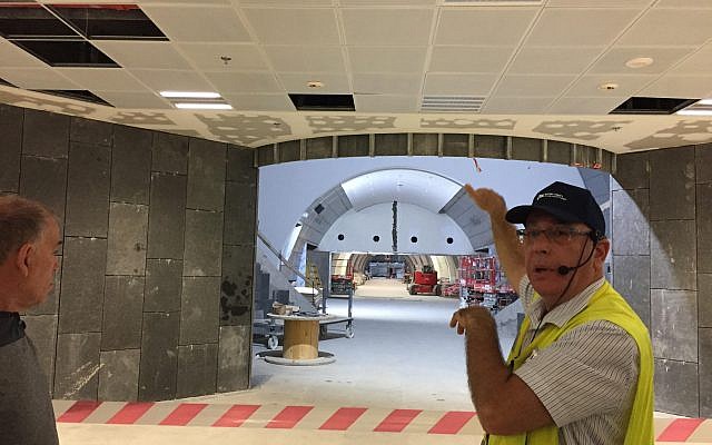 Engineer Gadi Ramon points to an area inside Yitzhak Navon Railway Station, Jerusalem, that can be hermetically sealed off, October 27, 2017 (ToI staff)