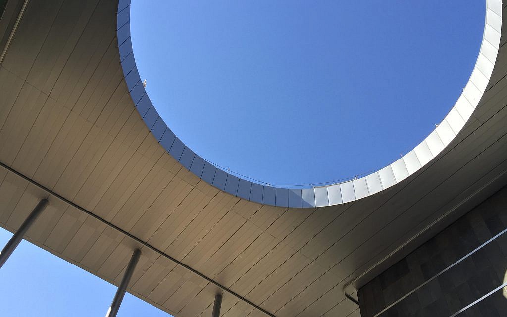 Looking skywards from the entrance area outside Yitzhak Navon Railway Station, Jerusalem, October 27, 2017 (ToI staff)