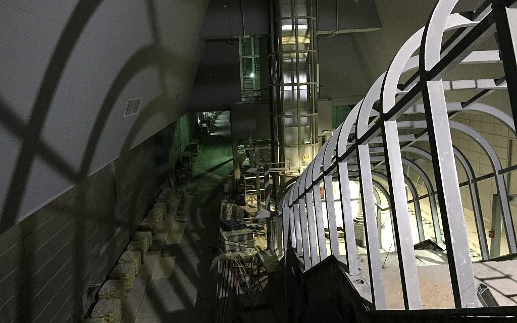 Looking down to platform level deep inside Yitzhak Navon Railway Station, Jerusalem, October 27, 2017 (ToI staff)