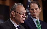 Senate Minority Leader Charles Schumer speaking to reporters in Washington, DC, Sept. 27, 2017. (Win McNamee/Getty Images via JTA)