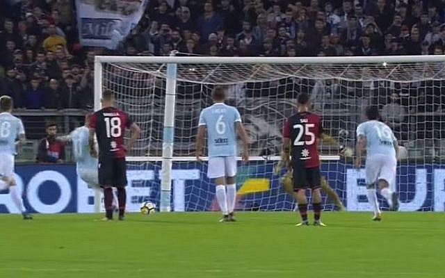 A screen capture of Lazio's (Blue) match against Cagliari in Rome on October 22, 2017. (Screen capture/YouTube) A screen capture of Lazio's (Blue) match against Cagliari in Rome on October 22, 2017. (Screen capture/YouTube)