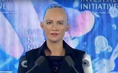 The robot Sophia at a Riyadh conference on October 25, 2017. (screen capture: YouTube/Arab News)