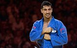 Tal Flicker of Israel during the fight in the 66kg category at the Judo World Championship Budapest 2017, on August 28, 2017, in Budapest, Hungary. (Rok Rakun/Pacific Press/LightRocket via Getty Images/JTA)