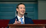 Mark Zuckerberg delivering a commencement speech at Harvard University in which he quoted the Hebrew Mi Shebeirach prayer, May 25, 2017. (Paul Marotta/Getty Images via JTA)