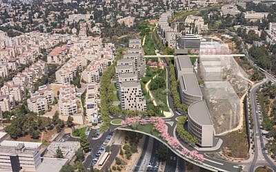 Illustration of planned development to be built above Jerusalem's Begin Highway. (Dagan Advanced Visual Solutions)