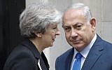 British Prime Minister Theresa May (L) poses with Israeli Prime Minister Benjamin Netanyahu outside 10 Downing Street in London on November 2, 2017.(AFP Photo/Tolga Akmen)