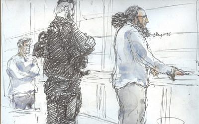 A court sketch made on November 2, 2017, shows Abdelkader Merah (R) on the last day of his trial at the Paris' courthouse. (AFP Photo/Benoit Peyruco)