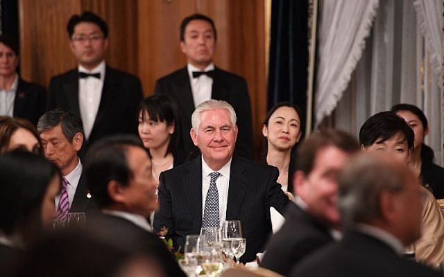 US Secretary of State Rex Tillerson attends a state banquet dinner attended by US President Donald Trump and Japanese Prime Minister Shinzo Abe in Tokyo on November 6, 2017. (AFP/Jim Watson) US Secretary of State Rex Tillerson attends a state banquet dinner attended by US President Donald Trump and Japanese Prime Minister Shinzo Abe in Tokyo on November 6, 2017. (AFP/Jim Watson)