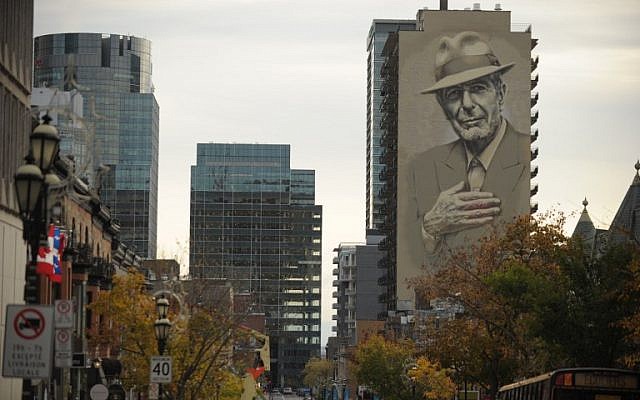 A mural of musician Leonard Cohen seen on a building in downtown Montreal, November 7, 2017. (AFP/Marc Braibant) A mural of musician Leonard Cohen seen on a building in downtown Montreal, November 7, 2017. (AFP/Marc Braibant)
