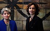 Former French culture minister Audrey Azoulay (R) stands with outgoing UNESCO director-general Irina Bokova at the UNESCO headquarters in Paris on November 10, 2017 after UNESCO member states approved her nomination to head of the cultural agency. (Eric Feferberg/AFP)
