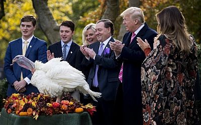 US President Donald Trump pardons Thanksgiving turkey Drumstick in the Rose Garden of the White House in Washington, DC,as First Lady Melania Trump(R) applauds on November 21, 2017.(AFP PHOTO / JIM WATSON)