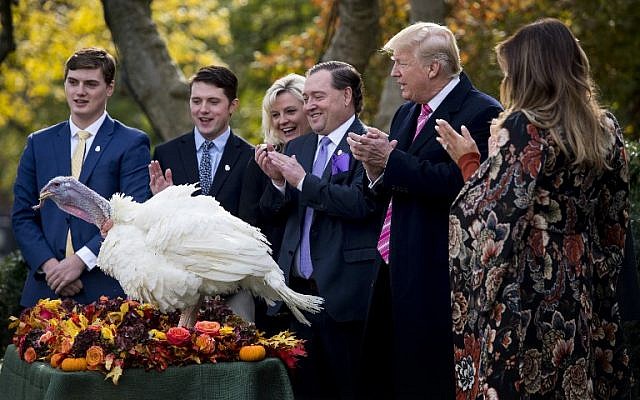 US President Donald Trump pardons Thanksgiving turkey Drumstick in the Rose Garden of the White House in Washington, DC,as First Lady Melania Trump(R) applauds on November 21, 2017.(AFP PHOTO / JIM WATSON) US President Donald Trump pardons Thanksgiving turkey Drumstick in the Rose Garden of the White House in Washington, DC,as First Lady Melania Trump(R) applauds on November 21, 2017.(AFP PHOTO / JIM WATSON)