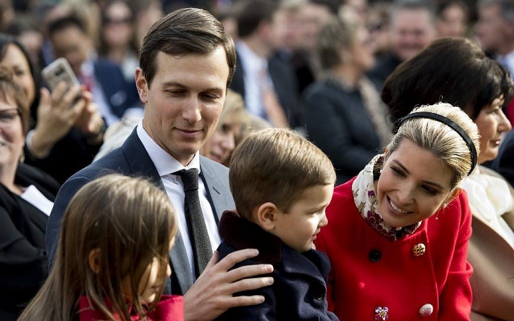 Jared Kushner, Senior Adviser to US President Donald Trump, 2nd left, sits with is wife Ivanka Trump, right, and their children during the pardoning of Thanksgiving turkey Drumstick in the Rose Garden of the White House in Washington, DC, on November 21, 2017. (AFP/JIM WATSON) Jared Kushner, Senior Adviser to US President Donald Trump, 2nd left, sits with is wife Ivanka Trump, right, and their children during the pardoning of Thanksgiving turkey Drumstick in the Rose Garden of the White House in Washington, DC, on November 21, 2017. (AFP/JIM WATSON)