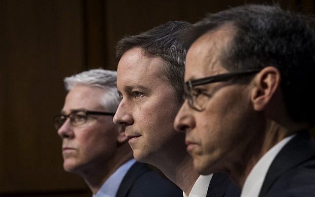 Left, to right, Colin Stretch, general counsel at Facebook, Sean Edgett, acting general counsel at Twitter, and Richard Salgado, director of law enforcement and information security at Google, testify during a Senate Judiciary Subcommittee on Crime and Terrorism hearing titled 'Extremist Content and Russian Disinformation Online' in Washington, DC, Capitol Hill, October 31, 2017. (Drew Angerer/Getty Images) Left, to right, Colin Stretch, general counsel at Facebook, Sean Edgett, acting general counsel at Twitter, and Richard Salgado, director of law enforcement and information security at Google, testify during a Senate Judiciary Subcommittee on Crime and Terrorism hearing titled 'Extremist Content and Russian Disinformation Online' in Washington, DC, Capitol Hill, October 31, 2017. (Drew Angerer/Getty Images)
