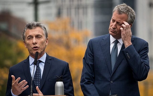 Argentinian President Mauricio Macri (L) speaks as New York City Mayor Bill de Blasio looks on during a tribute for the victims of last week's vehicular attack on the bike path next to the West Side Highway in Lower Manhattan, November 6, 2017 in New York City. (Drew Angerer/Getty Images via AFP) Argentinian President Mauricio Macri (L) speaks as New York City Mayor Bill de Blasio looks on during a tribute for the victims of last week's vehicular attack on the bike path next to the West Side Highway in Lower Manhattan, November 6, 2017 in New York City. (Drew Angerer/Getty Images via AFP)