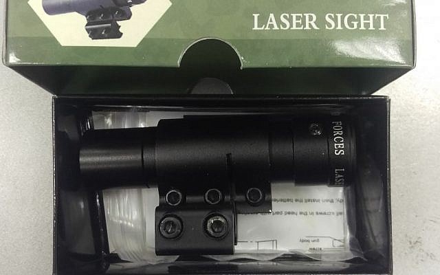 A laser sight, ordered over the internet, seized by border crossing officials as it was being smuggled into the Gaza Strip, October 2017. (Defense Ministry) A laser sight, ordered over the internet, seized by border crossing officials as it was being smuggled into the Gaza Strip, October 2017. (Defense Ministry)