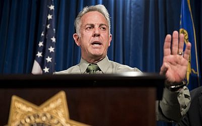 In this 0ct. 9, 2017, file photo, Clark County Sheriff Joe Lombardo discusses the Route 91 Harvest festival mass shooting at the Las Vegas Metropolitan Police Department headquarters in Las Vegas (Erik Verduzco/Las Vegas Review-Journal via AP, file)