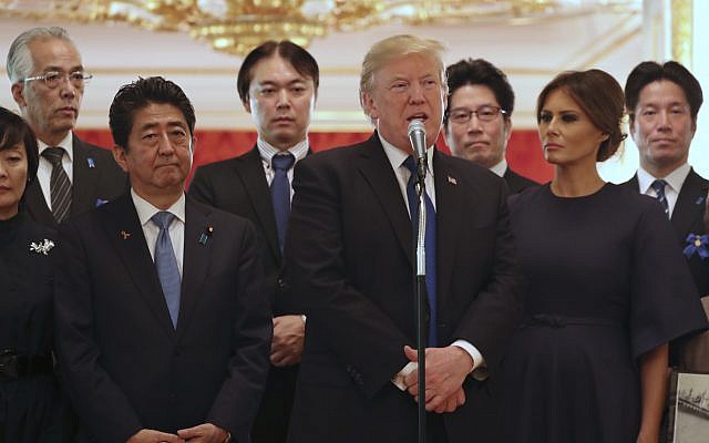 US President Donald Trump, center, speaks as Trump and first lady Melania Trump, right, meet with the families of Japanese abducted by North Korea at the Akasaka Palace, November 6, 2017, in Tokyo. (AP Photo/Andrew Harnik) US President Donald Trump, center, speaks as Trump and first lady Melania Trump, right, meet with the families of Japanese abducted by North Korea at the Akasaka Palace, November 6, 2017, in Tokyo. (AP Photo/Andrew Harnik)