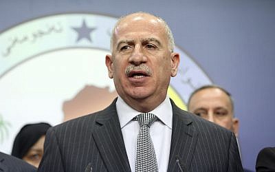 In this July 13, 2014, photo, Iraqi former Parliament speaker and the chairman of the Sunni Arab coalition Osama al-Nujaifi, speaks to the media during a news conference in Baghdad, Iraq. (AP Photo/Karim Kadim)