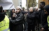 Muslims protest against the closure of a prayer room in the Paris suburb of Clichy la Garenne, November 10, 2017. (AP Photo/Thibault Camus)