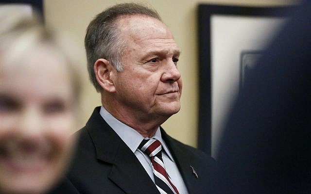 Former Alabama Chief Justice and US Senate candidate Roy Moore waits to speak at the Vestavia Hills Public library, in Birmingham, Alabama, November 11, 2017. (AP/Brynn Anderson) Former Alabama Chief Justice and US Senate candidate Roy Moore waits to speak at the Vestavia Hills Public library, in Birmingham, Alabama, November 11, 2017. (AP/Brynn Anderson)