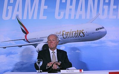 Emirates President Tim Clark speaks to the journalists during a press conference at the opening day of the Dubai Air Show, United Arab Emirates, on November 12, 2017. (AP Photo/Kamran Jebreili)