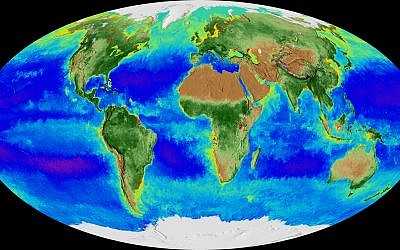 A projection of the Earth and its biosphere derived from two decades of satellite data starting in September 1997 going through September 2017. (NASA via AP)