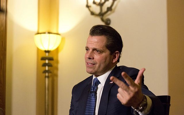 Former White House communications director Anthony Scaramucci poses for a photograph after an interview with the Associated Press in Jerusalem, on November 20, 2017. (AP Photo/Ariel Schalit) Former White House communications director Anthony Scaramucci poses for a photograph after an interview with the Associated Press in Jerusalem, on November 20, 2017. (AP Photo/Ariel Schalit)