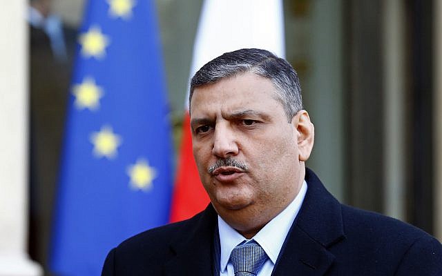 Former Syrian prime minister Riad Hijab, then coordinator of the Syrian opposition team, at the Elysee Palace in Paris, January 11, 2016 . (AP/Francois Mori) Former Syrian prime minister Riad Hijab, then coordinator of the Syrian opposition team, at the Elysee Palace in Paris, January 11, 2016 . (AP/Francois Mori)