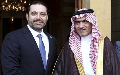 Lebanese Prime Minister Saad Hariri (left) shakes hands with Saudi Minister for Gulf Affairs Thamer al-Sabhan, in Beirut, Lebanon,  October 28, 2016. (Dalati Nohra via AP)