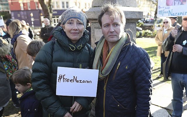 Richard Ratcliffe, the husband of Nazanin Zaghari-Ratcliffe who is detained in Iran, is joined by Oscar winning actress Emma Thompson in Hampstead, north London before setting out on a march calling for her release from prison, Nov.ember25, 2017. (Jonathan Brady/PA via AP) Richard Ratcliffe, the husband of Nazanin Zaghari-Ratcliffe who is detained in Iran, is joined by Oscar winning actress Emma Thompson in Hampstead, north London before setting out on a march calling for her release from prison, Nov.ember25, 2017. (Jonathan Brady/PA via AP)