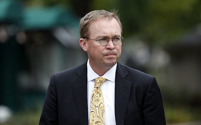 Director of the Office of Management and Budget Mick Mulvaney departs after a television interview at the White House in Washington, September 13, 2017. (AP/Alex Brandon) Director of the Office of Management and Budget Mick Mulvaney departs after a television interview at the White House in Washington, September 13, 2017. (AP/Alex Brandon)