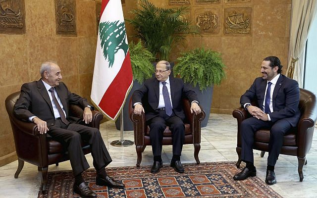 Lebanese President Michel Aoun, center, meets with Prime Minister Saad Hariri, right, and Parliament Speaker Nabih Berri, at the Presidential Palace in Baabda, east of Beirut, Lebanon, November 27, 2017. (Dalati Nohra/Lebanese Government via AP) Lebanese President Michel Aoun, center, meets with Prime Minister Saad Hariri, right, and Parliament Speaker Nabih Berri, at the Presidential Palace in Baabda, east of Beirut, Lebanon, November 27, 2017. (Dalati Nohra/Lebanese Government via AP)