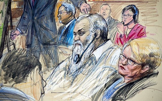 This October 2, 2017, file courtroom sketch depicts Ahmed Abu Khattala listening to a interpreter through earphones during the opening statement by assistant U.S. attorney John Crabb, second from left, at federal court in Washington, in the trial presided by US District Judge Christopher Cooper. (Dana Verkouteren via AP) This October 2, 2017, file courtroom sketch depicts Ahmed Abu Khattala listening to a interpreter through earphones during the opening statement by assistant U.S. attorney John Crabb, second from left, at federal court in Washington, in the trial presided by US District Judge Christopher Cooper. (Dana Verkouteren via AP)