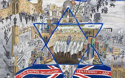 Beverly-Jane Stewart's artwork 'Balfour Accomplished,' depicting imagery from a time of turbulence and change, and telling the story of a unique period of history, will be exhibited for two weeks at the Knesset as part of the events commemorating the historic document (Courtesy Beverly-Jane Stewart)