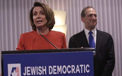 Illustrative: Rep. Nancy Pelosi, Democrat of California, speaks at the  Jewish Democratic Council of America's launch reception in Washington, DC, on November 8, 2017. (Chris Kleponis)