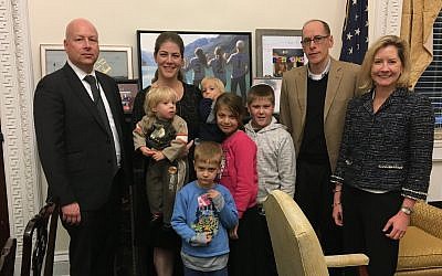 US President Donald Trump's special Middle East peace envoy Jason Greenblatt hosts Michal Salomon and her five children and father at the White House, November 2017. Salomon's husband, father-in-law and sister-in-law were murdered in a July stabbing attack at their home in the West Bank settlement of Halamish. (Via Twitter)