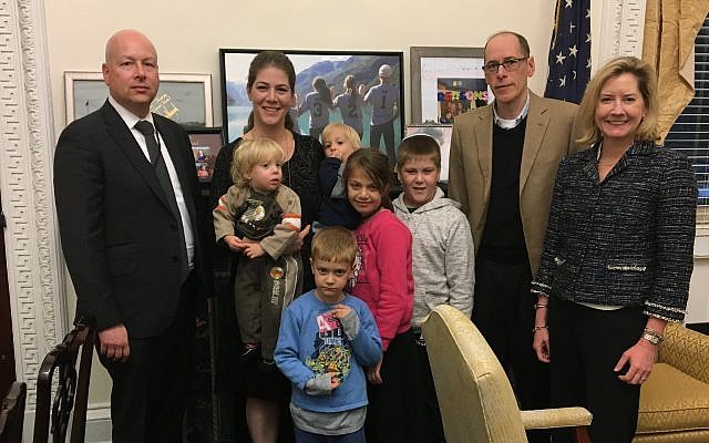 US President Donald Trump's special Middle East peace envoy Jason Greenblatt hosts Michal Salomon and her five children and father at the White House, November 2017. Salomon's husband, father-in-law and sister-in-law were murdered in a July stabbing attack at their home in the West Bank settlement of Halamish. (Via Twitter) US President Donald Trump's special Middle East peace envoy Jason Greenblatt hosts Michal Salomon and her five children and father at the White House, November 2017. Salomon's husband, father-in-law and sister-in-law were murdered in a July stabbing attack at their home in the West Bank settlement of Halamish. (Via Twitter)