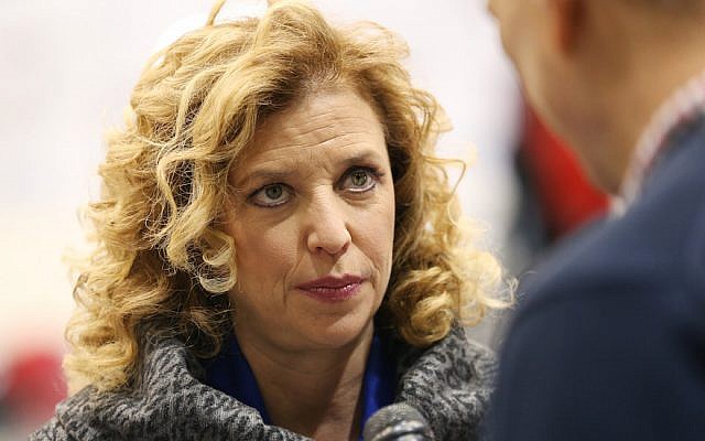 US Representative Debbie Wasserman Schultz (Democrat of Florida), chair of the Democratic National Committee, speaks before the Democratic debate on December 19, 2015 in Manchester, New Hampshire. (Andrew Burton/Getty Images via JTA) US Representative Debbie Wasserman Schultz (Democrat of Florida), chair of the Democratic National Committee, speaks before the Democratic debate on December 19, 2015 in Manchester, New Hampshire. (Andrew Burton/Getty Images via JTA)