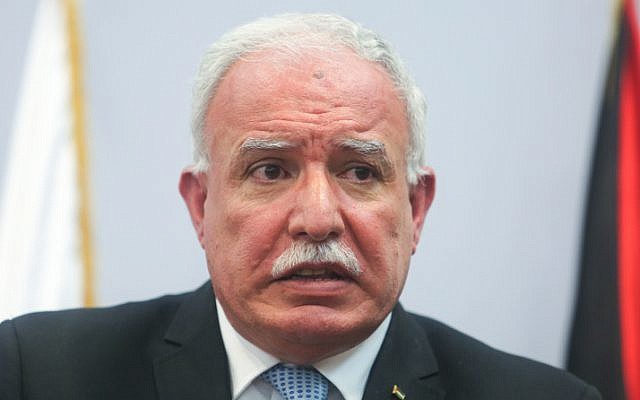 Palestinian Authority Foreign Minister Riyad al-Malki speaks at a press conference in the West Bank city of Ramallah on August 11, 2015. (Flash90) Palestinian Authority Foreign Minister Riyad al-Malki speaks at a press conference in the West Bank city of Ramallah on August 11, 2015. (Flash90)
