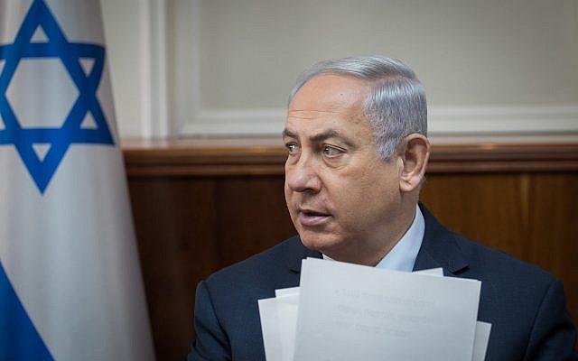 Prime Minister Benjamin Netanyahu attends the weekly cabinet at the Prime Minister's Office in Jerusalem on October 29, 2017. (Ohad Zwigenberg/Pool/Flash90) Prime Minister Benjamin Netanyahu attends the weekly cabinet at the Prime Minister's Office in Jerusalem on October 29, 2017. (Ohad Zwigenberg/Pool/Flash90)