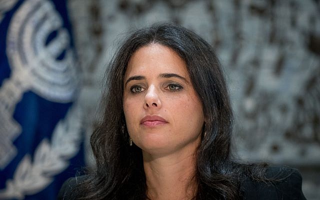 Justice Minister Ayelet Shaked attends a swearing in ceremony for newly appointed judges at the President's Residence in Jerusalem, October 30, 2017. (Yonatan Sindel/Flash90) Justice Minister Ayelet Shaked attends a swearing in ceremony for newly appointed judges at the President's Residence in Jerusalem, October 30, 2017. (Yonatan Sindel/Flash90)