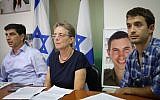 The family of the late IDF soldier Hadar Goldin speaks at a press conference in Tel Aviv on November 5, 2017, announcing their intention to file a petition to the High Court. (Flash90)