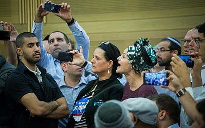 Adva Biton, mother of Adele Biton, who was injured at a terror attack and died later from her wounds, reacts during a Likud party faction meeting at the Knesset on November 6, 2017. (Miriam Alster/Flash90)