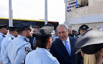 Prime Minister Benjamin Netanyahu at an inauguration ceremony marking the opening of a new police station in the northern Arab Israeli town of Jisr az-Zarqa, November 21, 2017. (Kobi Gideon/GPO)