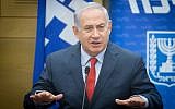 Prime Minister Benjamin Netanyahu during a Likud party faction meeting at the Knesset on November 27, 2017. (Miriam Alster/Flash90)