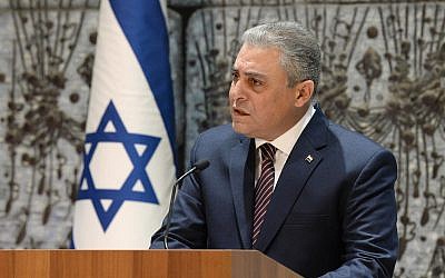 Egyptian Ambassador to Israel Hazem Khairat speaking at the President's Residence in Jerusalem, November 22, 2017 (Mark Neiman)