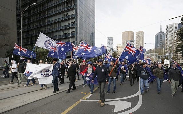Far-right groups organized a march in Melbourne, June 25, 2017. (Darrian Traynor/ Getty Images via JTA) Far-right groups organized a march in Melbourne, June 25, 2017. (Darrian Traynor/ Getty Images via JTA)